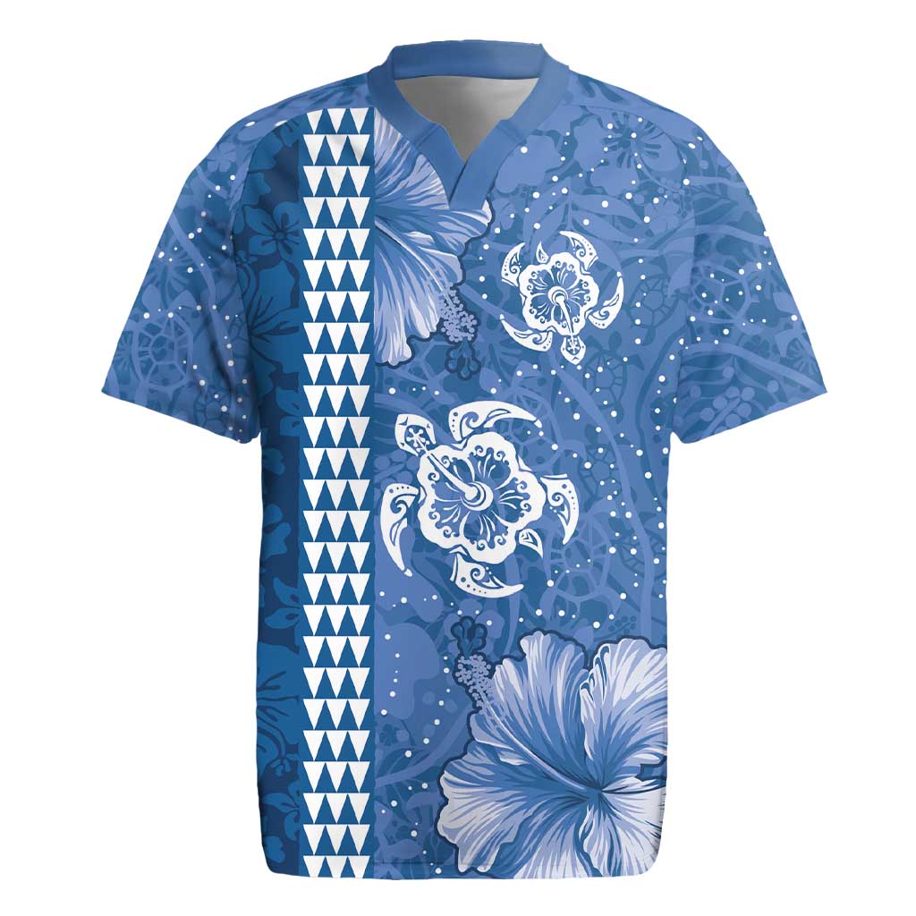 Blue Hibiscus Turle Rugby Jersey Hawaiian Style Tribal Tapa Pattern