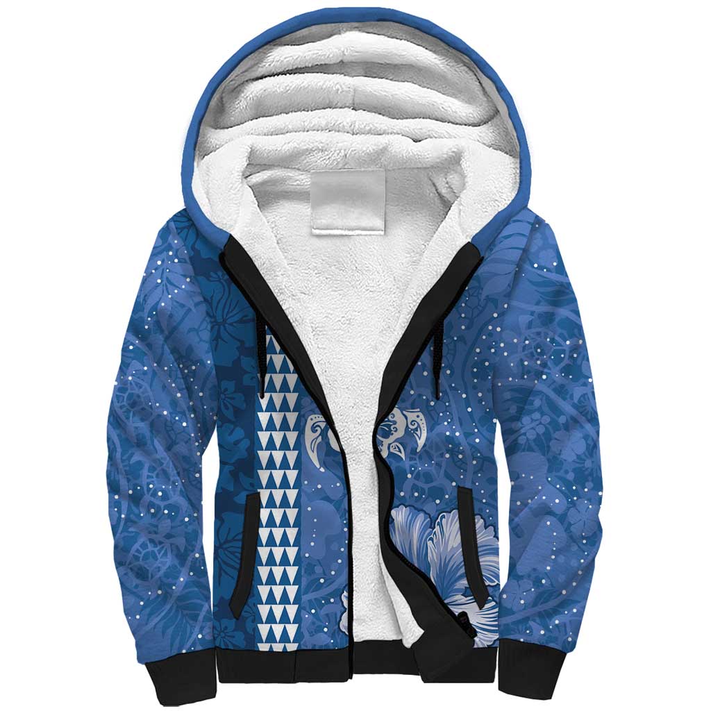 Blue Hibiscus Turle Sherpa Hoodie Hawaiian Style Tribal Tapa Pattern LT9 Unisex Blue - Polynesian Pride