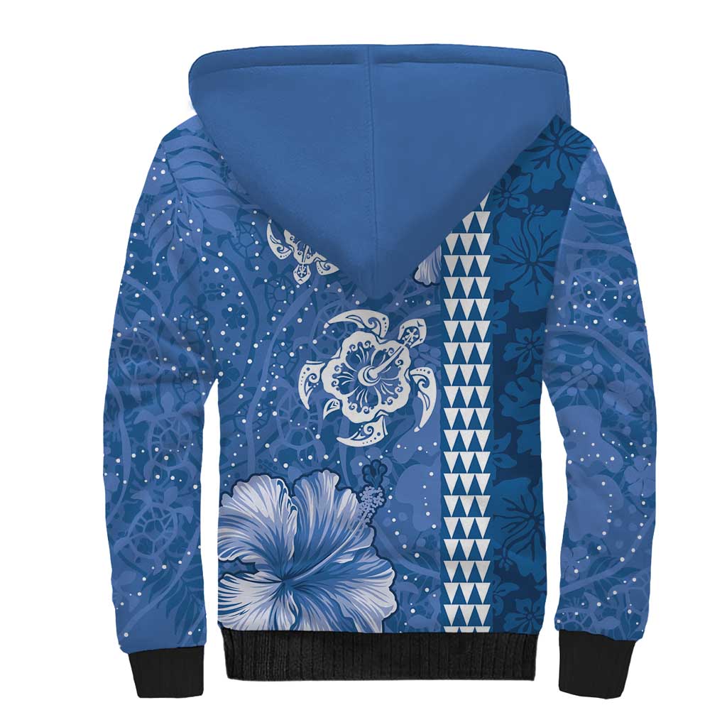 Blue Hibiscus Turle Sherpa Hoodie Hawaiian Style Tribal Tapa Pattern LT9 - Polynesian Pride