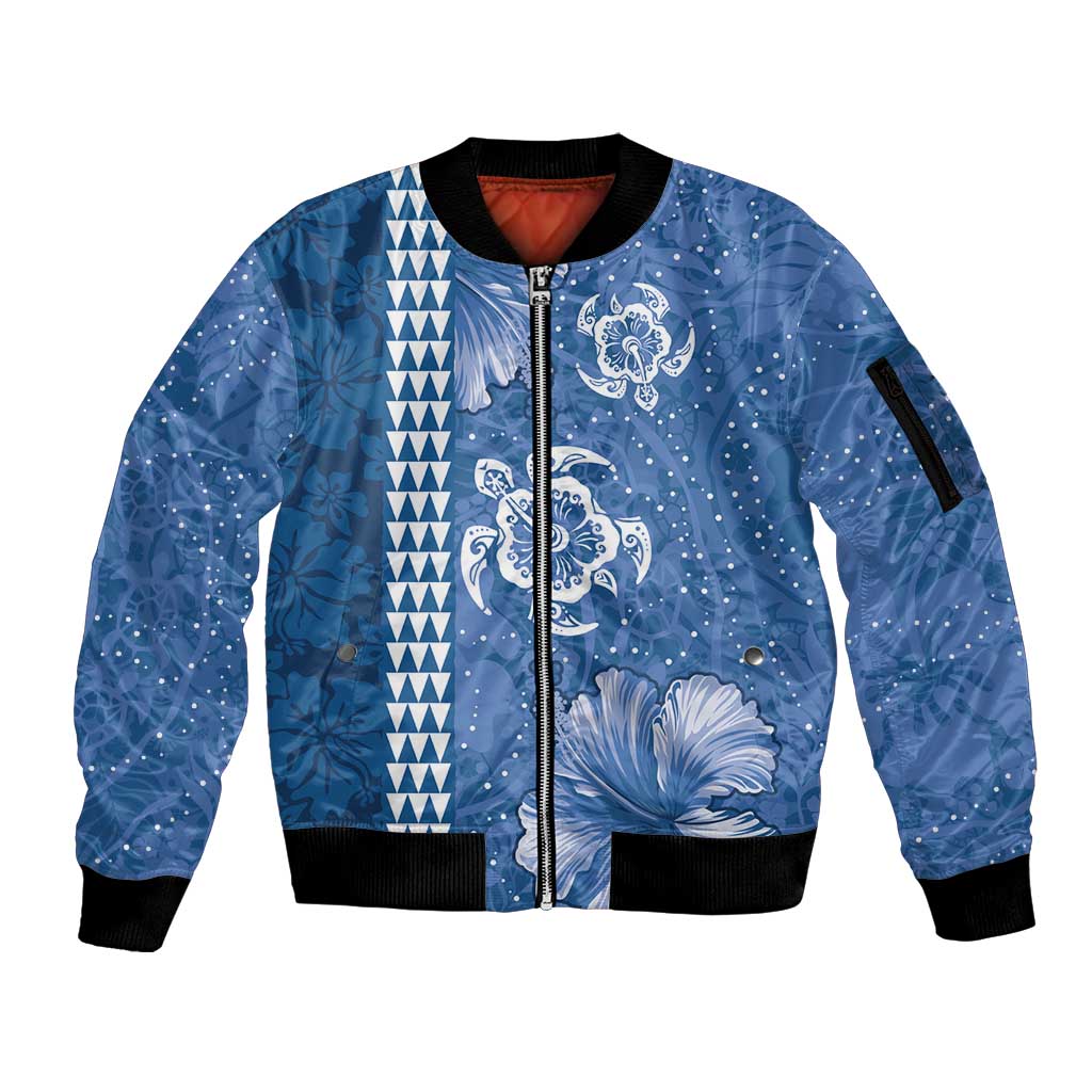 Blue Hibiscus Turle Sleeve Zip Bomber Jacket Hawaiian Style Tribal Tapa Pattern