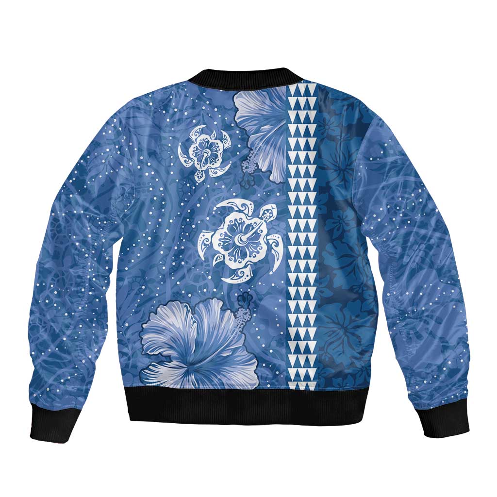 Blue Hibiscus Turle Sleeve Zip Bomber Jacket Hawaiian Style Tribal Tapa Pattern