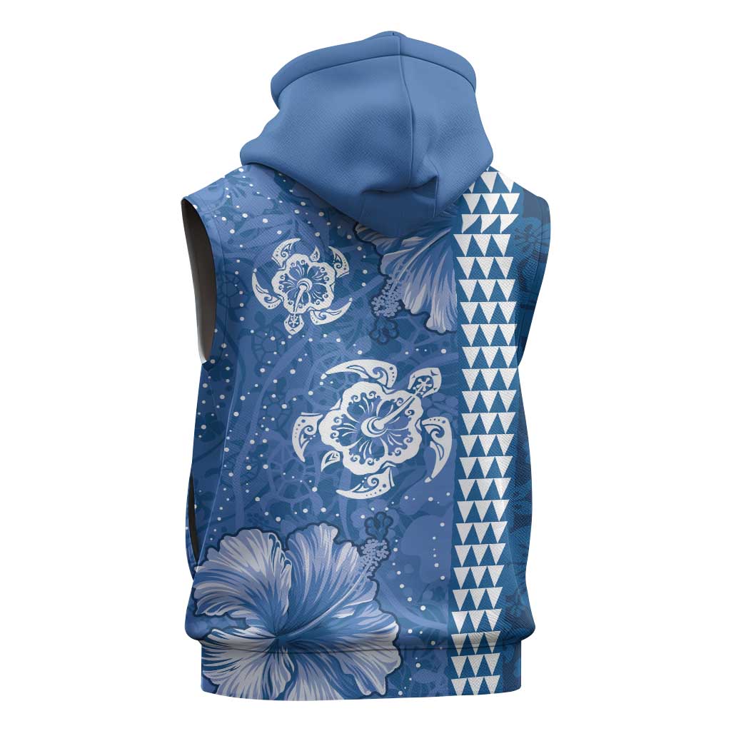 Blue Hibiscus Turle Sleeveless Hoodie Hawaiian Style Tribal Tapa Pattern - Polynesian Pride