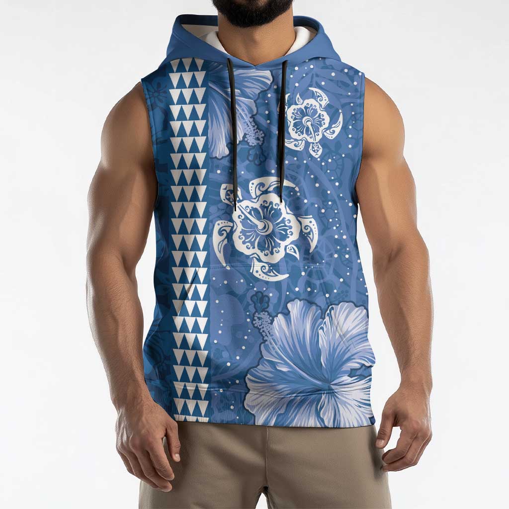 Blue Hibiscus Turle Sleeveless Hoodie Hawaiian Style Tribal Tapa Pattern - Polynesian Pride