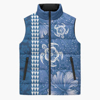 Blue Hibiscus Turle Sleeveless Puffer Jacket Hawaiian Style Tribal Tapa Pattern - Polynesian Pride