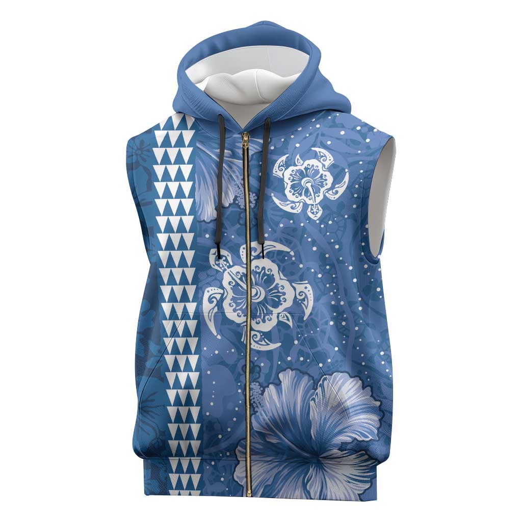 Blue Hibiscus Turle Sleeveless Zip Hoodie Hawaiian Style Tribal Tapa Pattern - Polynesian Pride