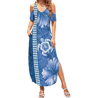 Blue Hibiscus Turle Summer Maxi Dress Hawaiian Style Tribal Tapa Pattern