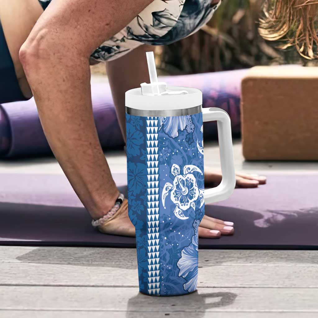 Blue Hibiscus Turle Tumbler With Handle Hawaiian Style Tribal Tapa Pattern