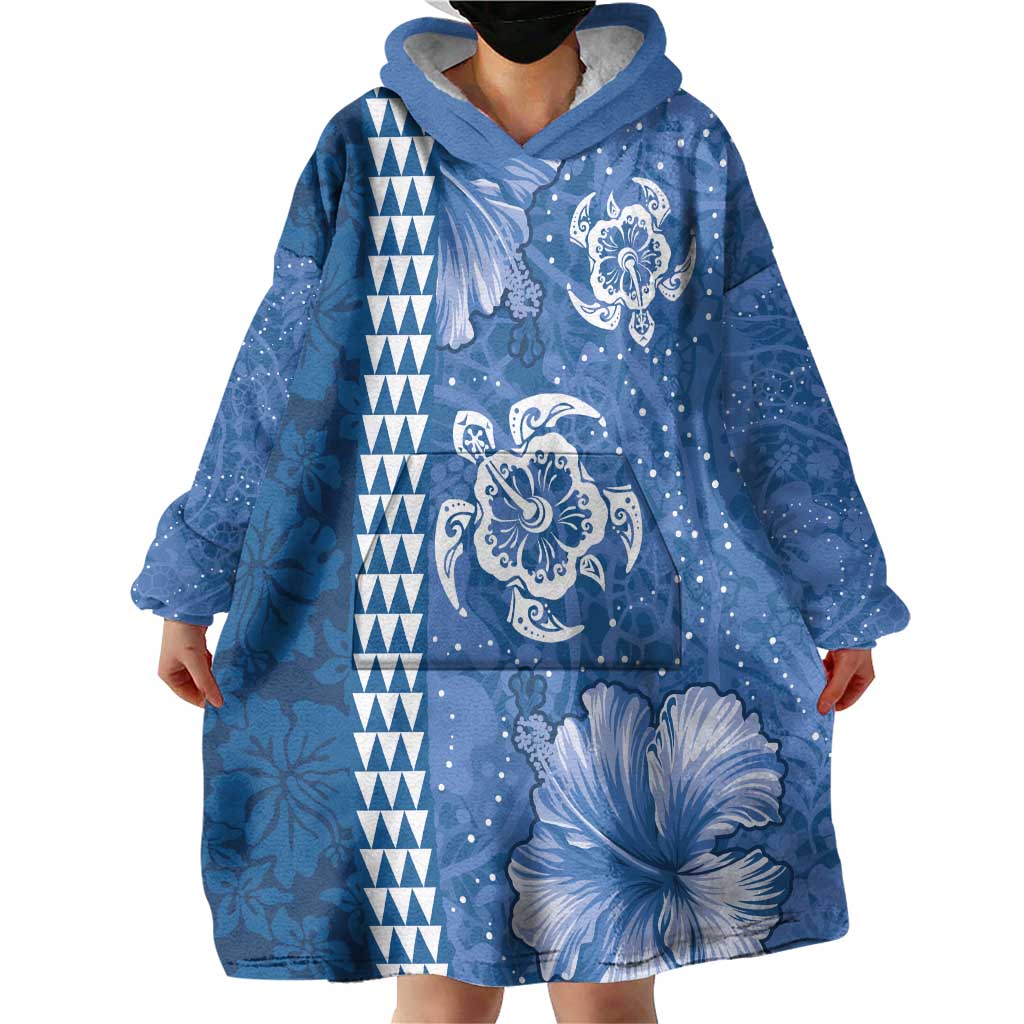 Blue Hibiscus Turle Wearable Blanket Hoodie Hawaiian Style Tribal Tapa Pattern LT9 - Polynesian Pride