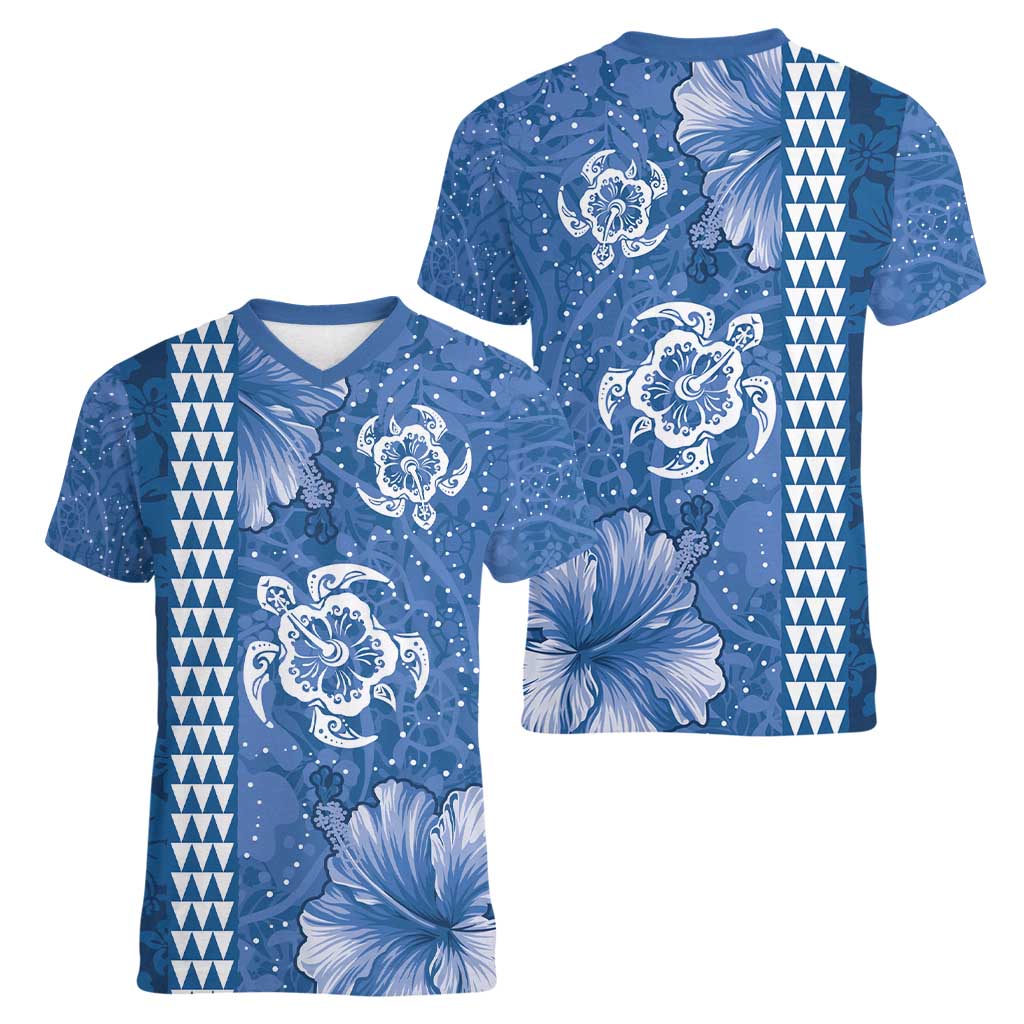 Blue Hibiscus Turle Women V-Neck T-Shirt Hawaiian Style Tribal Tapa Pattern
