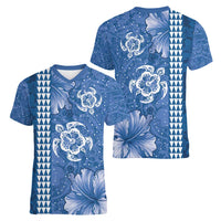 Blue Hibiscus Turle Women V-Neck T-Shirt Hawaiian Style Tribal Tapa Pattern