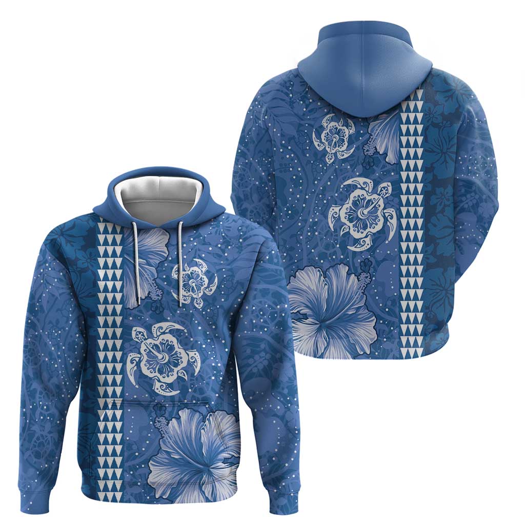 Blue Hibiscus Turle Zip Hoodie Hawaiian Style Tribal Tapa Pattern