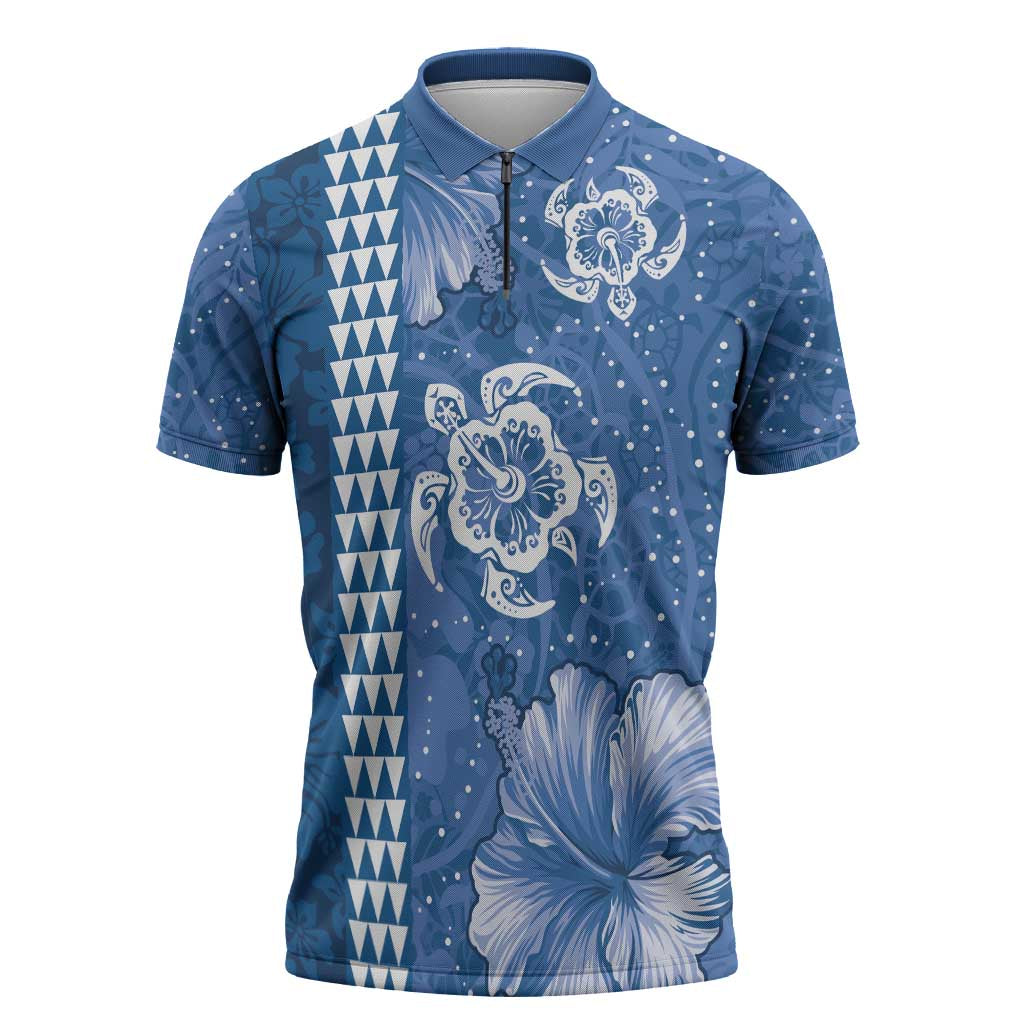 Blue Hibiscus Turle Zipper Polo Shirt Hawaiian Style Tribal Tapa Pattern - Polynesian Pride