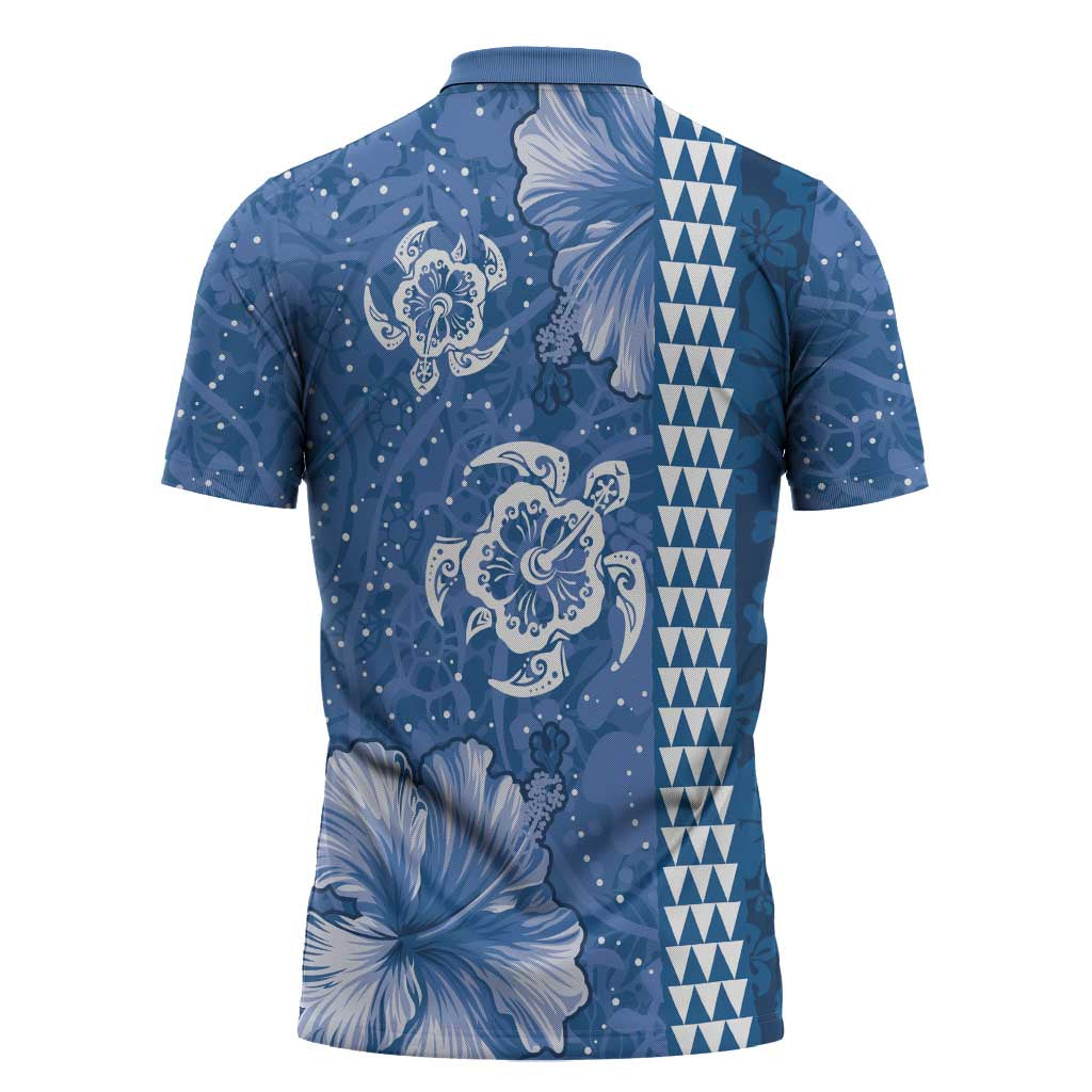 Blue Hibiscus Turle Zipper Polo Shirt Hawaiian Style Tribal Tapa Pattern - Polynesian Pride