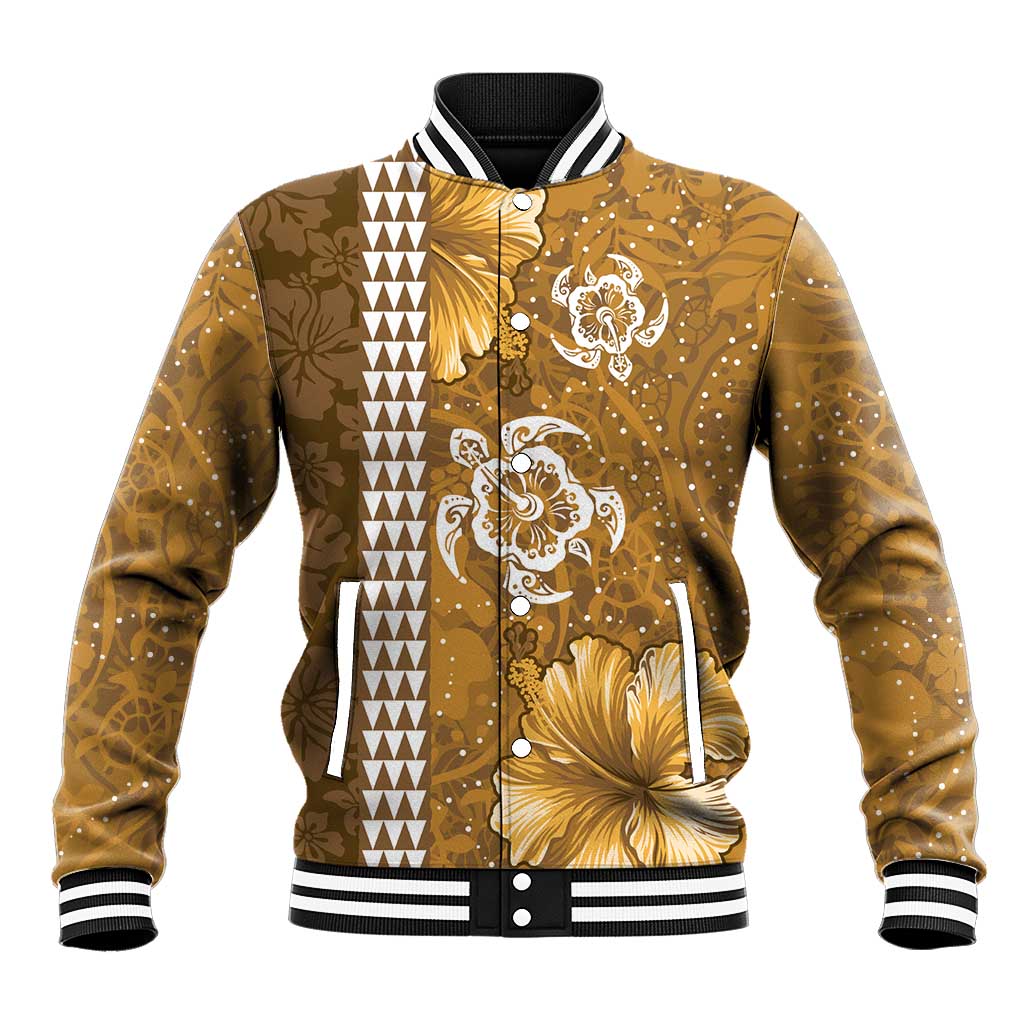 Gold Hibiscus Turle Baseball Jacket Hawaiian Style Tribal Tapa Pattern LT9 Unisex Gold - Polynesian Pride