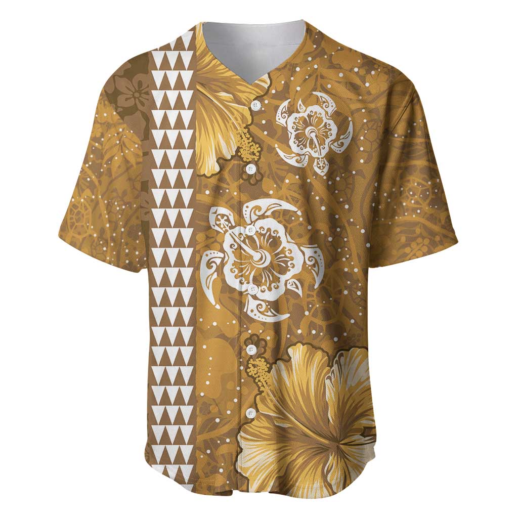 Gold Hibiscus Turle Baseball Jersey Hawaiian Style Tribal Tapa Pattern