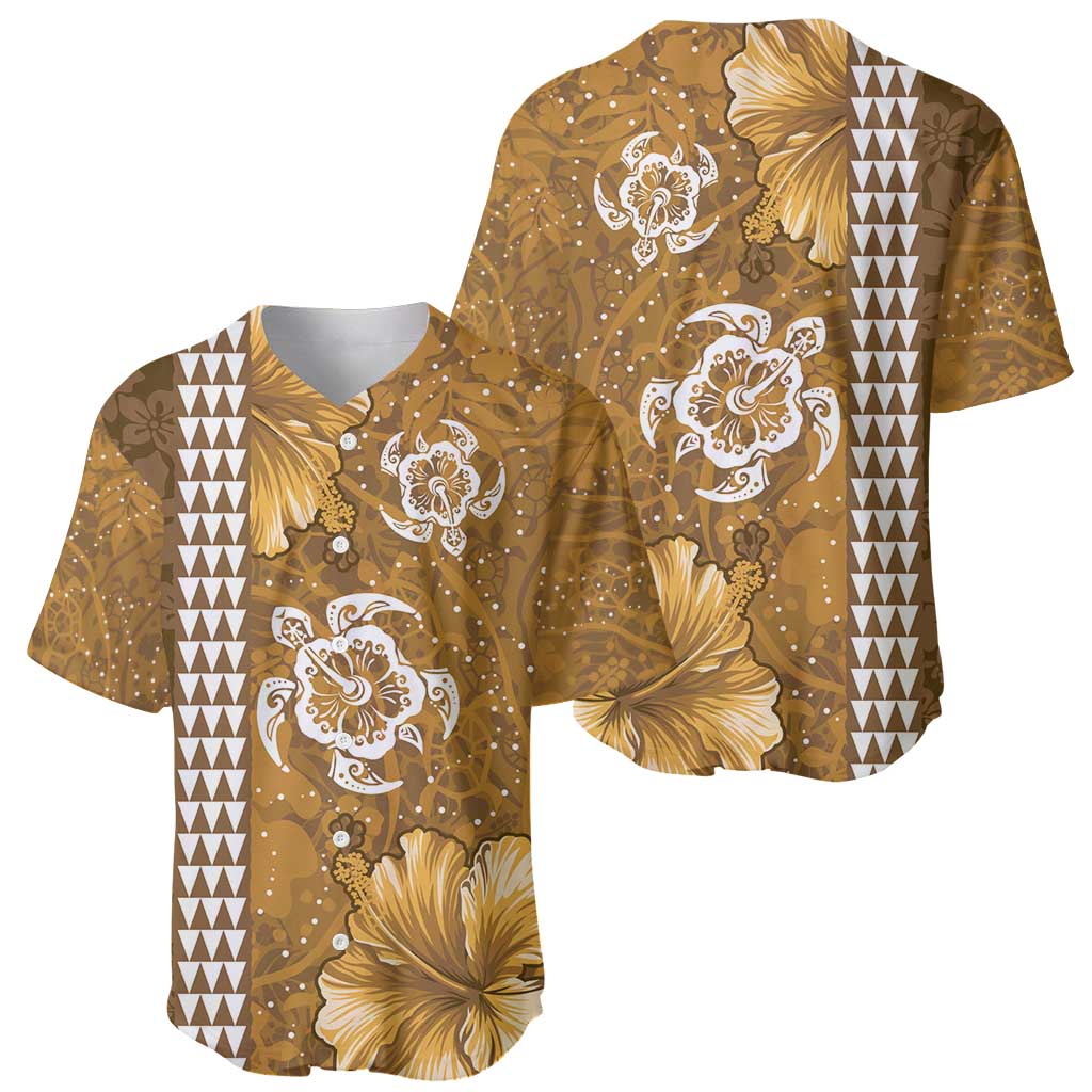Gold Hibiscus Turle Baseball Jersey Hawaiian Style Tribal Tapa Pattern