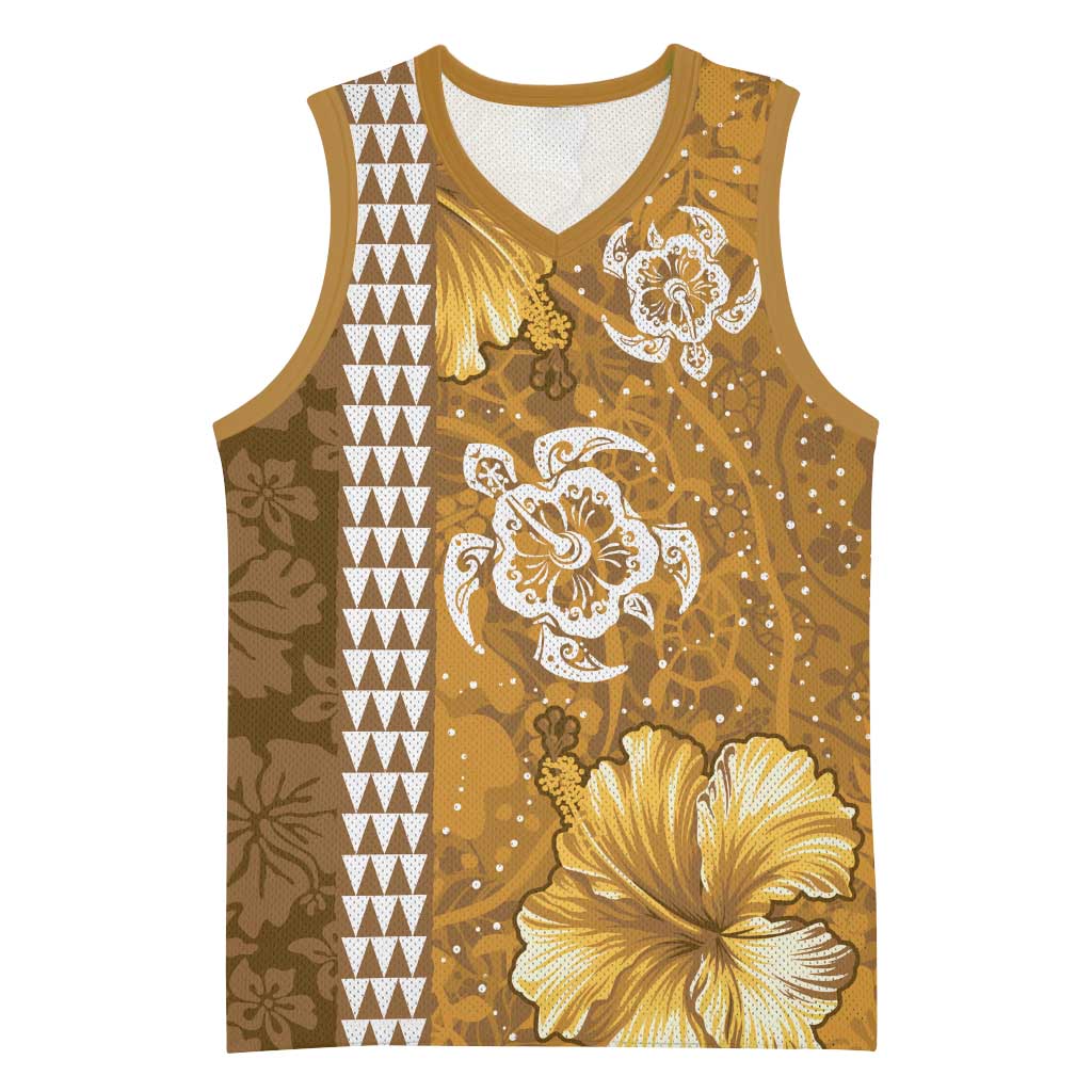 Gold Hibiscus Turle Basketball Jersey Hawaiian Style Tribal Tapa Pattern - Polynesian Pride