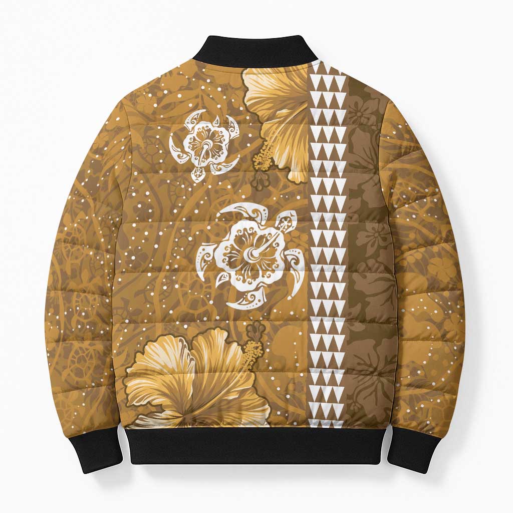 Gold Hibiscus Turle Bomber Puffer Jacket Hawaiian Style Tribal Tapa Pattern - Polynesian Pride