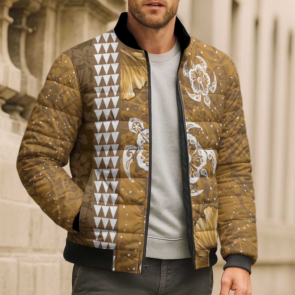 Gold Hibiscus Turle Bomber Puffer Jacket Hawaiian Style Tribal Tapa Pattern - Polynesian Pride