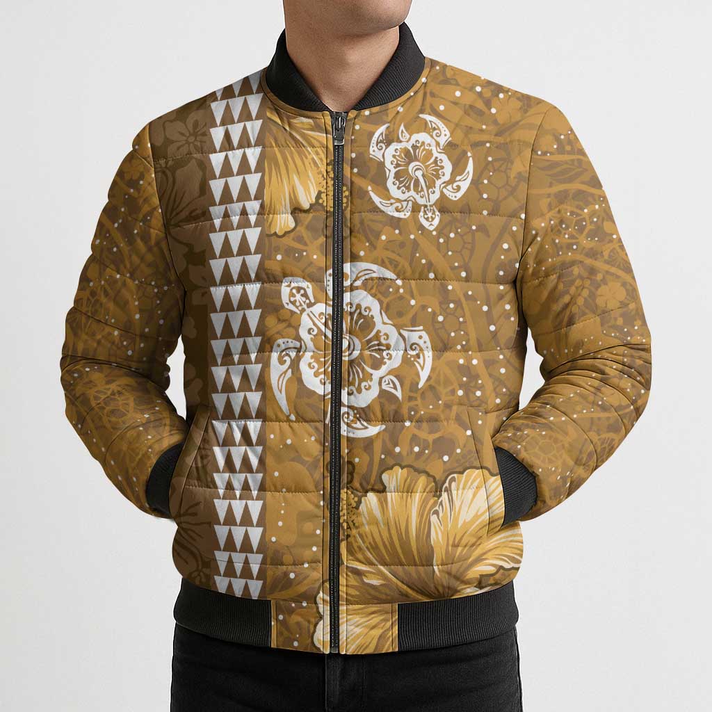 Gold Hibiscus Turle Bomber Puffer Jacket Hawaiian Style Tribal Tapa Pattern - Polynesian Pride