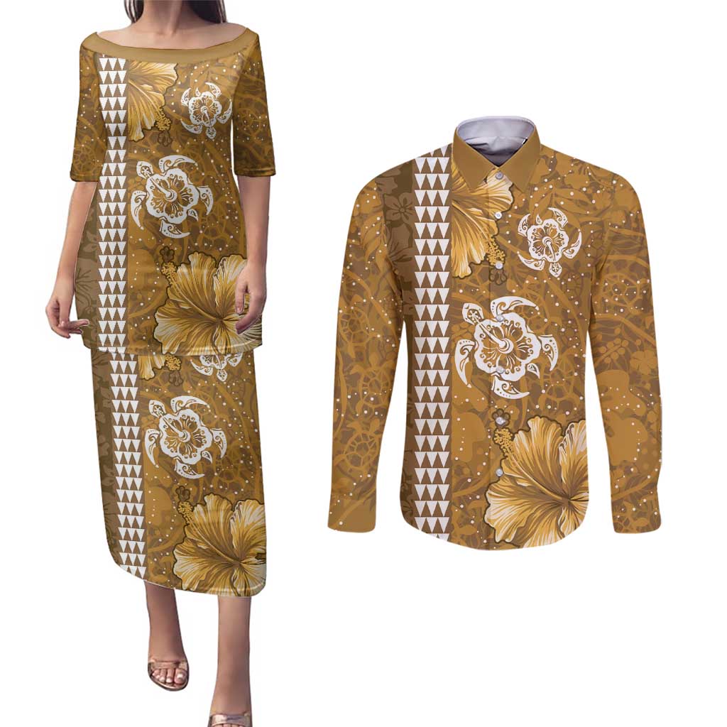 Gold Hibiscus Turle Couples Matching Puletasi and Long Sleeve Button Shirt Hawaiian Style Tribal Tapa Pattern LT9 Gold - Polynesian Pride