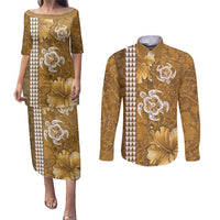 Gold Hibiscus Turle Couples Matching Puletasi and Long Sleeve Button Shirt Hawaiian Style Tribal Tapa Pattern LT9 Gold - Polynesian Pride