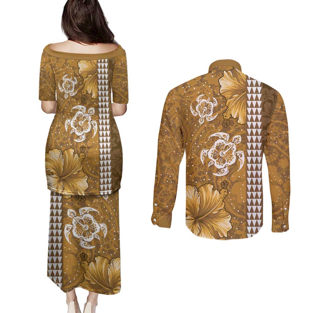 Gold Hibiscus Turle Couples Matching Puletasi and Long Sleeve Button Shirt Hawaiian Style Tribal Tapa Pattern LT9 - Polynesian Pride
