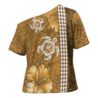 Gold Hibiscus Turle Cross Shoulder Shirt Hawaiian Style Tribal Tapa Pattern - Polynesian Pride
