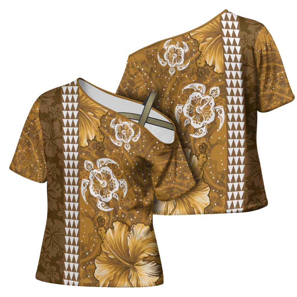 Gold Hibiscus Turle Cross Shoulder Shirt Hawaiian Style Tribal Tapa Pattern - Polynesian Pride