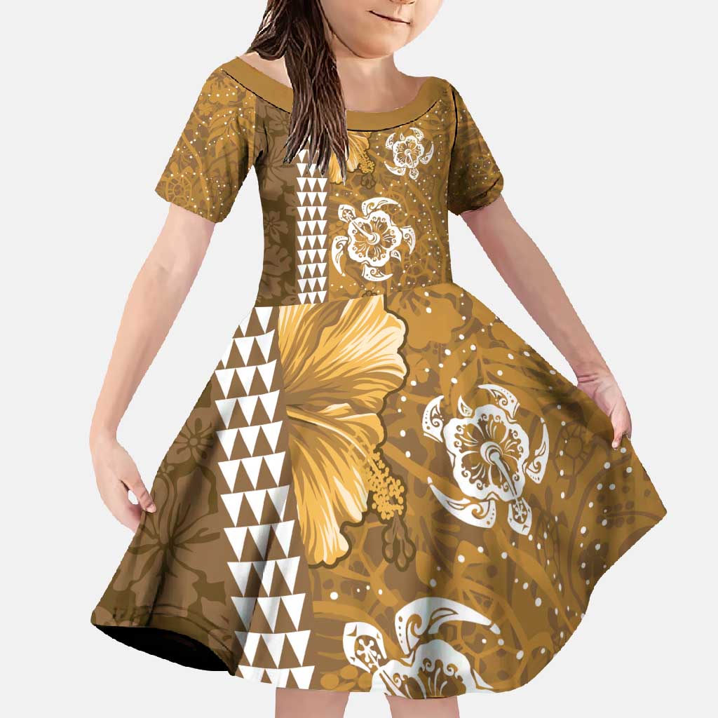 Gold Hibiscus Turle Family Matching Mermaid Dress and Hawaiian Shirt Hawaiian Style Tribal Tapa Pattern LT9 Daughter's Dress Gold - Polynesian Pride