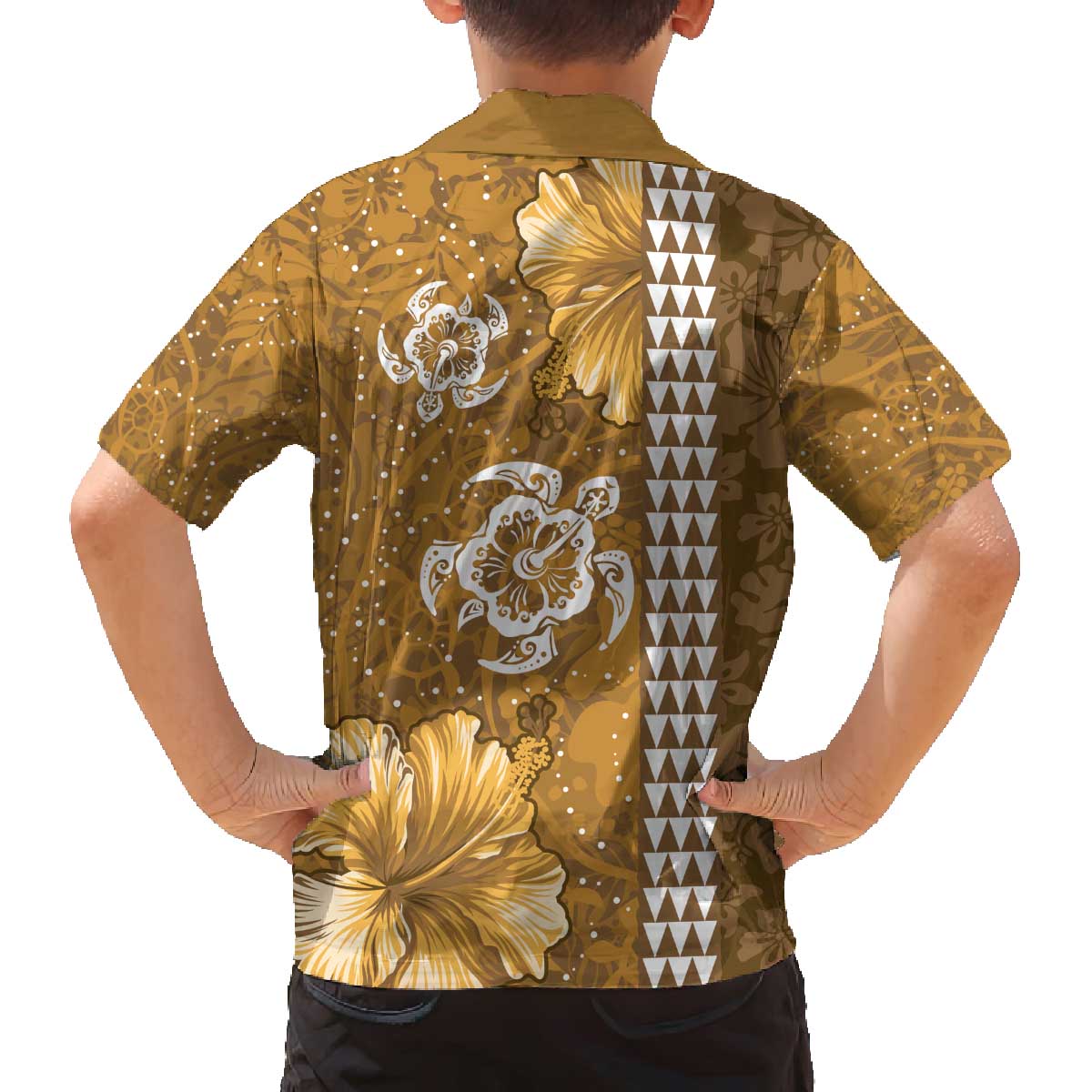 Gold Hibiscus Turle Family Matching Off The Shoulder Long Sleeve Dress and Hawaiian Shirt Hawaiian Style Tribal Tapa Pattern
