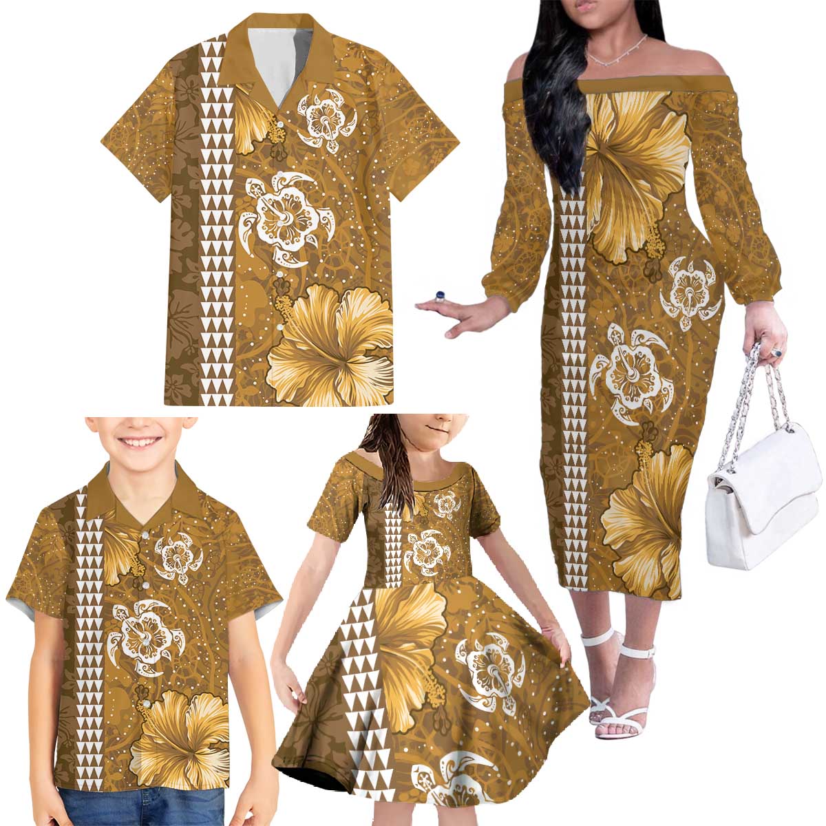 Gold Hibiscus Turle Family Matching Off The Shoulder Long Sleeve Dress and Hawaiian Shirt Hawaiian Style Tribal Tapa Pattern LT9 - Polynesian Pride