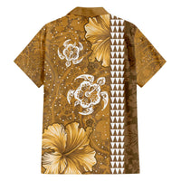 Gold Hibiscus Turle Family Matching Off The Shoulder Long Sleeve Dress and Hawaiian Shirt Hawaiian Style Tribal Tapa Pattern