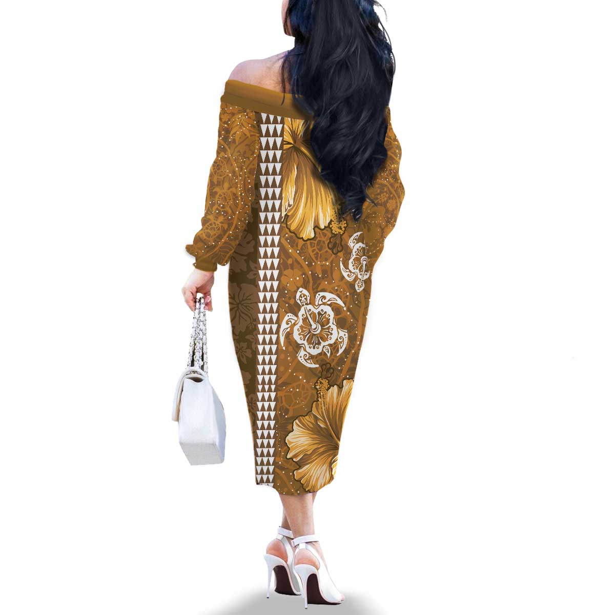Gold Hibiscus Turle Family Matching Off The Shoulder Long Sleeve Dress and Hawaiian Shirt Hawaiian Style Tribal Tapa Pattern