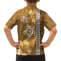 Gold Hibiscus Turle Family Matching Off Shoulder Maxi Dress and Hawaiian Shirt Hawaiian Style Tribal Tapa Pattern
