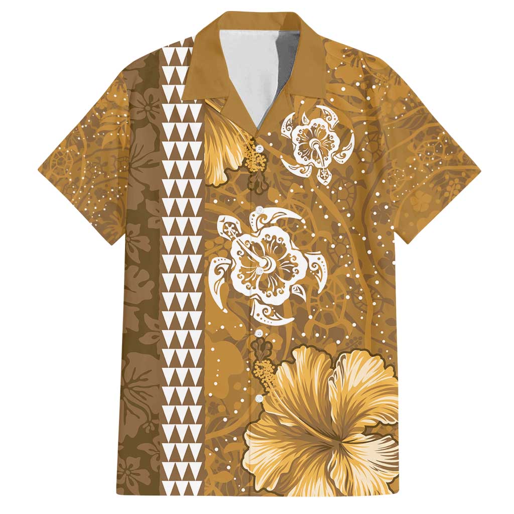 Gold Hibiscus Turle Family Matching Puletasi and Hawaiian Shirt Hawaiian Style Tribal Tapa Pattern