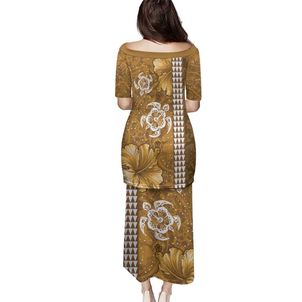 Gold Hibiscus Turle Family Matching Puletasi and Hawaiian Shirt Hawaiian Style Tribal Tapa Pattern