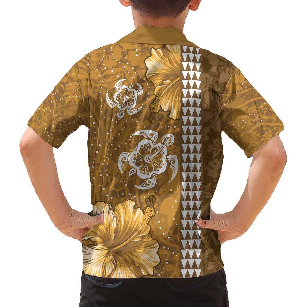 Gold Hibiscus Turle Family Matching Summer Maxi Dress and Hawaiian Shirt Hawaiian Style Tribal Tapa Pattern