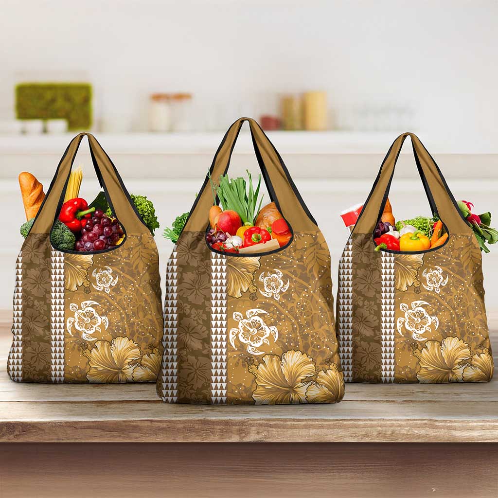 Gold Hibiscus Turle Grocery Bag Hawaiian Style Tribal Tapa Pattern LT9 3-pack One Size Gold - Polynesian Pride