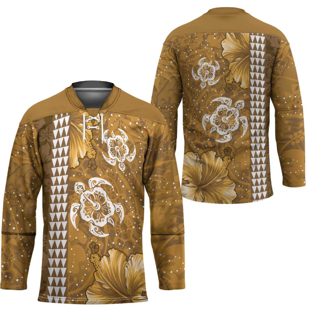 Gold Hibiscus Turle Hockey Jersey Hawaiian Style Tribal Tapa Pattern - Polynesian Pride