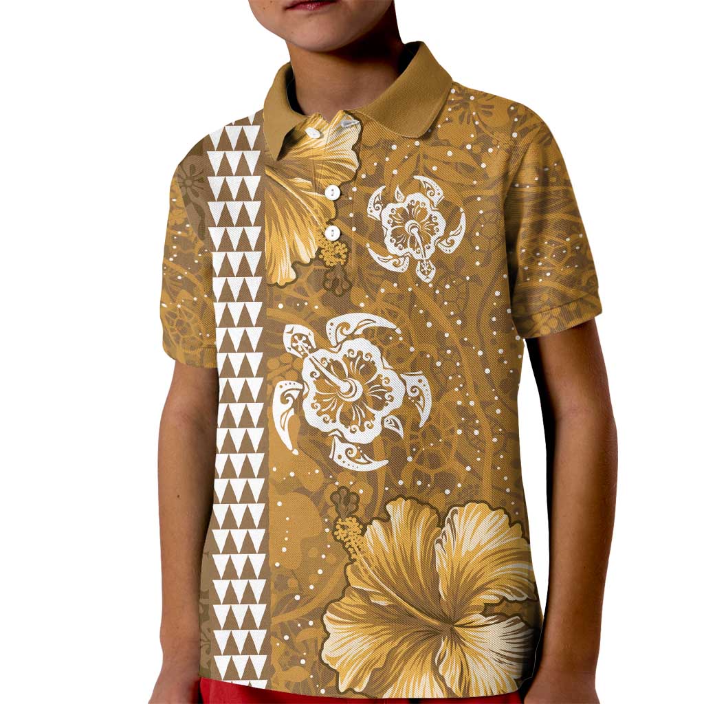 Gold Hibiscus Turle Kid Polo Shirt Hawaiian Style Tribal Tapa Pattern