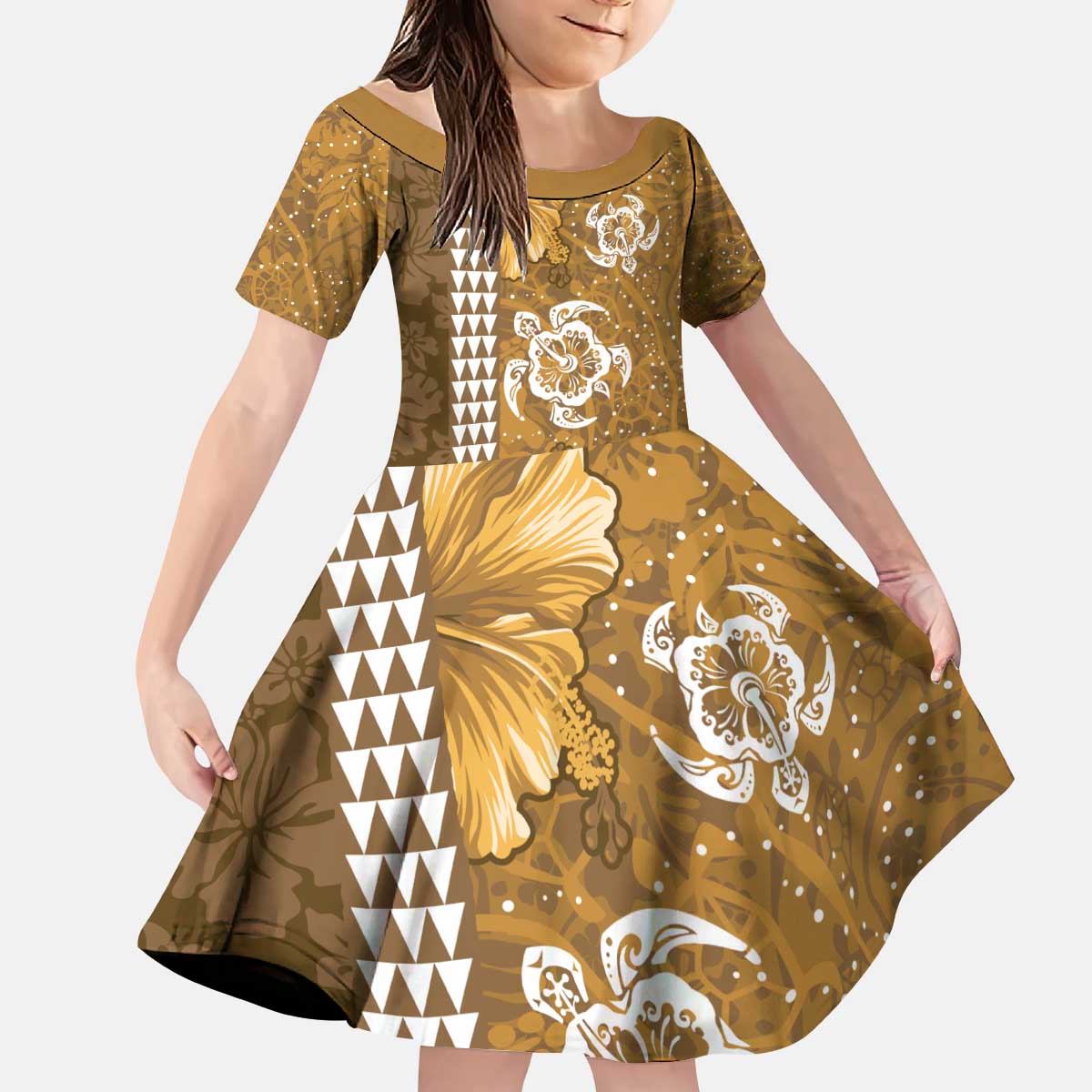 Gold Hibiscus Turle Kid Short Sleeve Dress Hawaiian Style Tribal Tapa Pattern LT9 KID Gold - Polynesian Pride