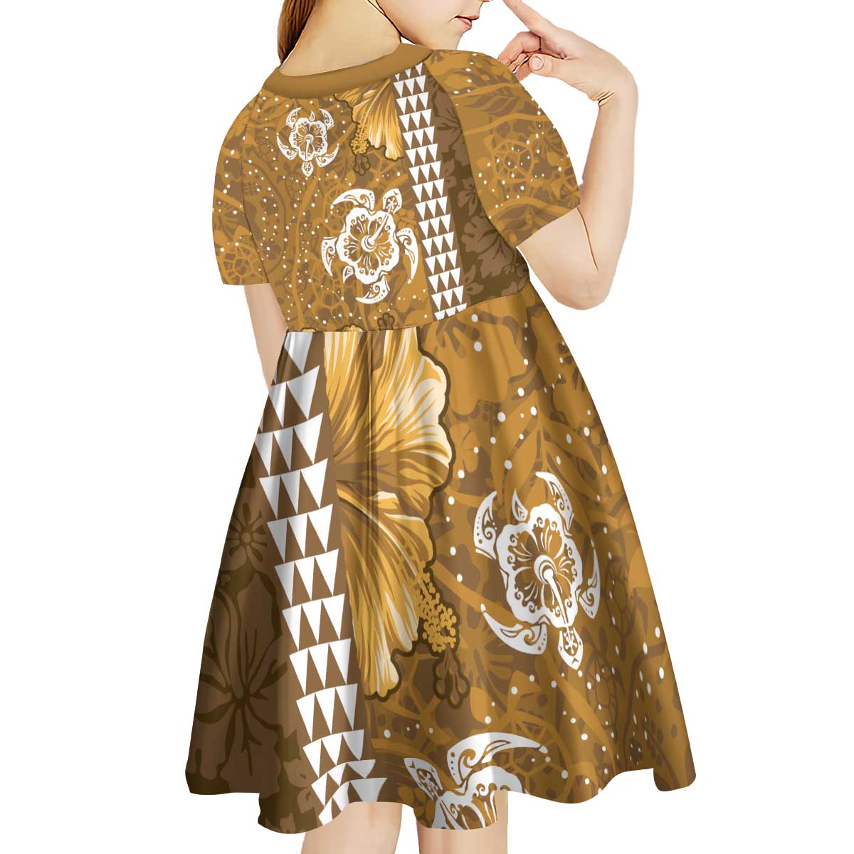 Gold Hibiscus Turle Kid Short Sleeve Dress Hawaiian Style Tribal Tapa Pattern LT9 - Polynesian Pride