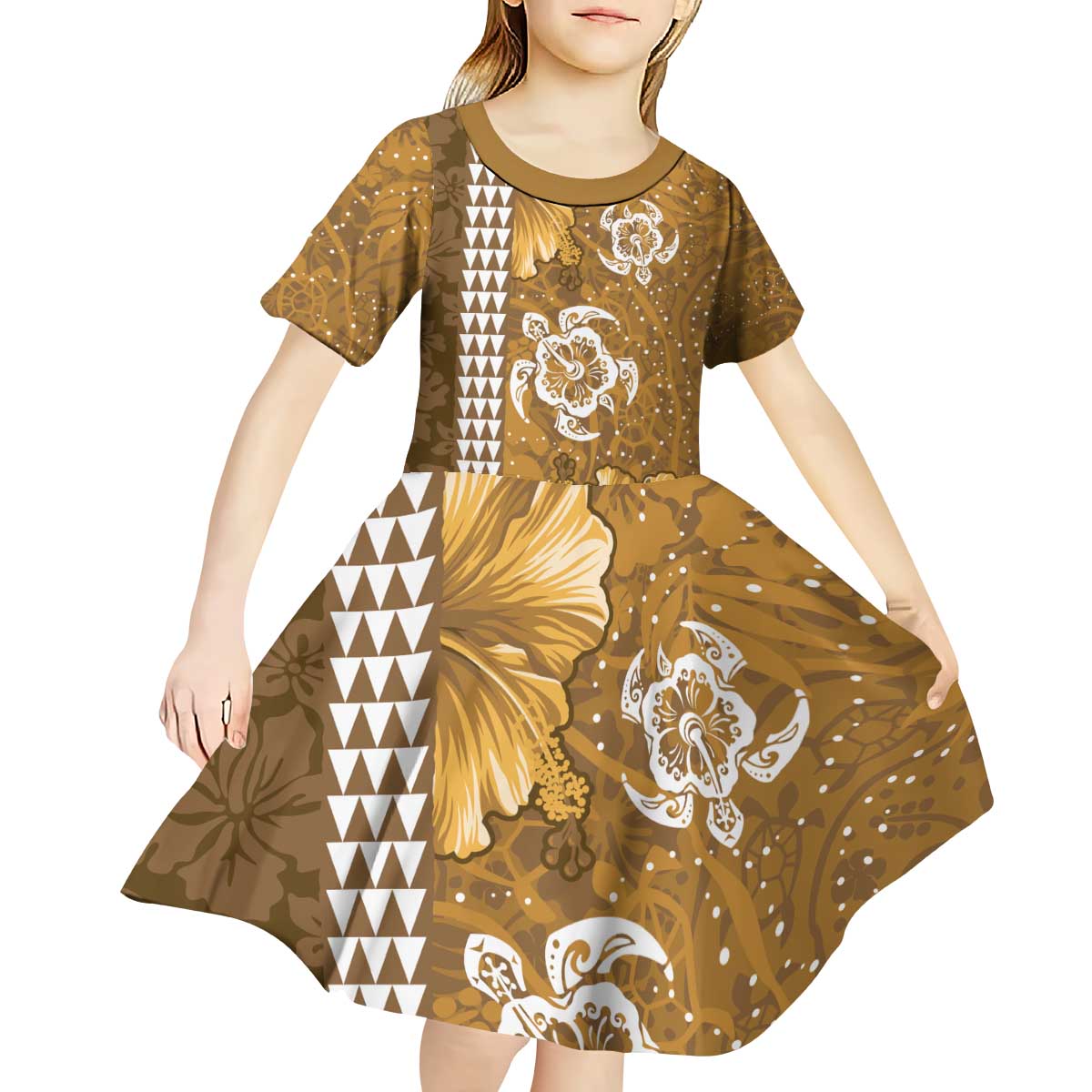 Gold Hibiscus Turle Kid Short Sleeve Dress Hawaiian Style Tribal Tapa Pattern LT9 - Polynesian Pride