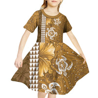 Gold Hibiscus Turle Kid Short Sleeve Dress Hawaiian Style Tribal Tapa Pattern LT9 - Polynesian Pride