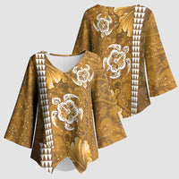 Gold Hibiscus Turle Kimono Sleeve Blouse Hawaiian Style Tribal Tapa Pattern - Polynesian Pride