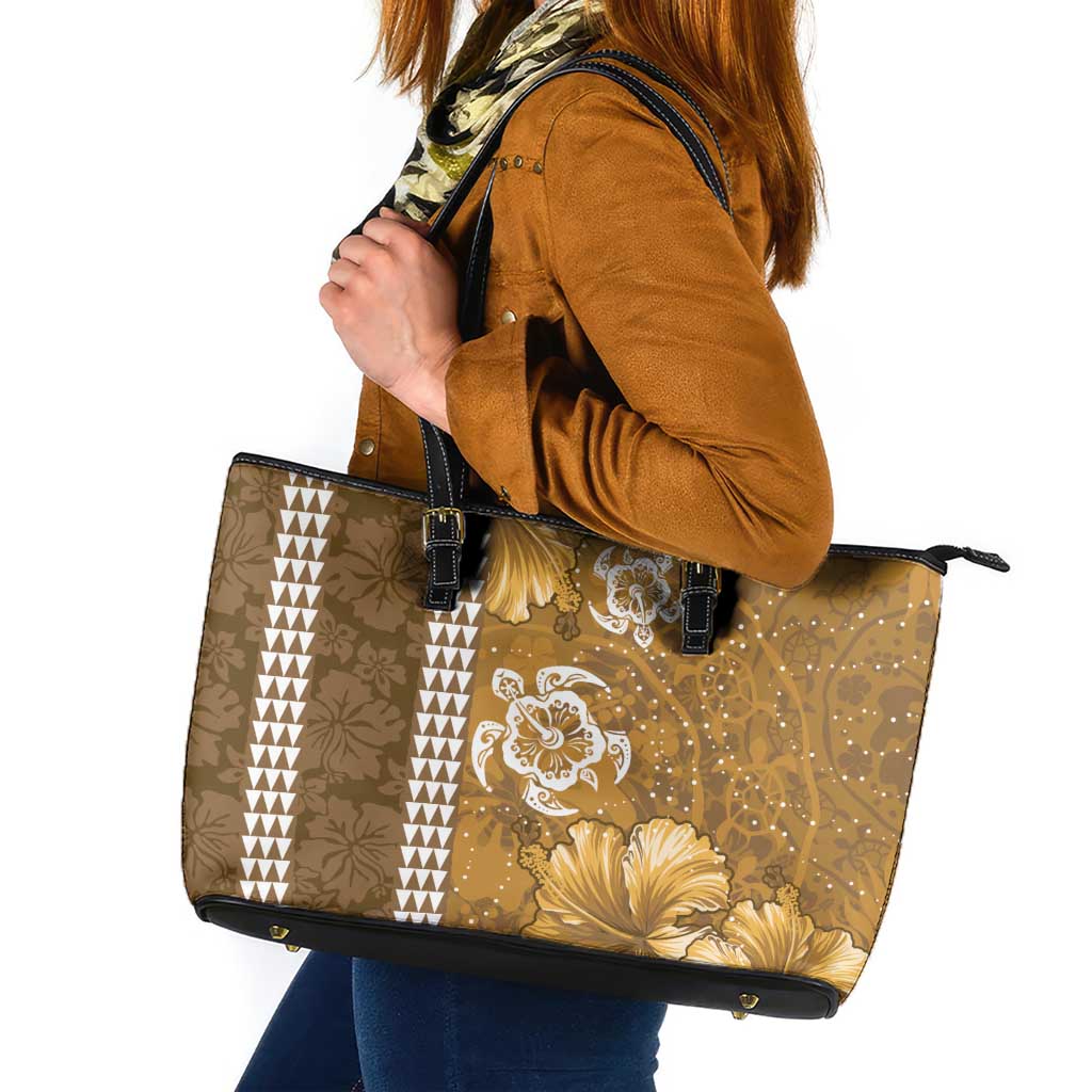 Gold Hibiscus Turle Leather Tote Bag Hawaiian Style Tribal Tapa Pattern