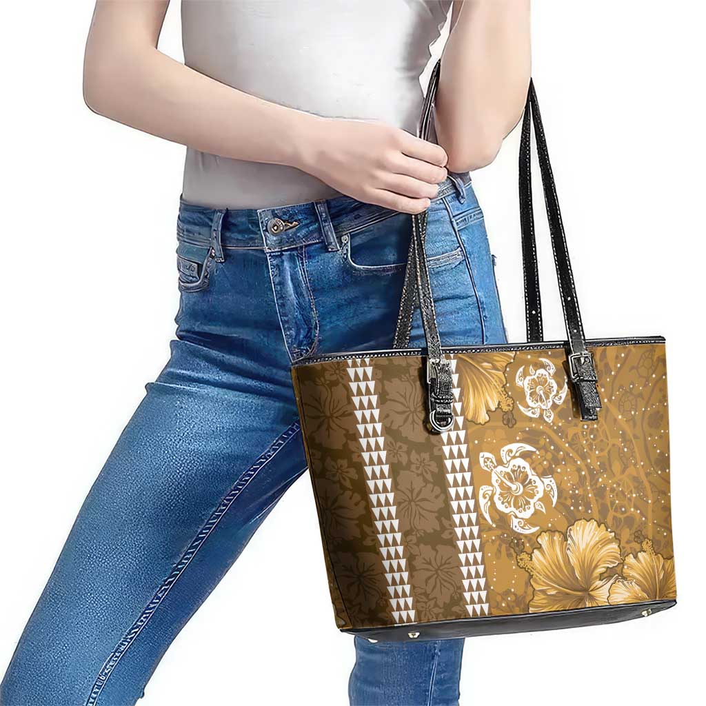 Gold Hibiscus Turle Leather Tote Bag Hawaiian Style Tribal Tapa Pattern