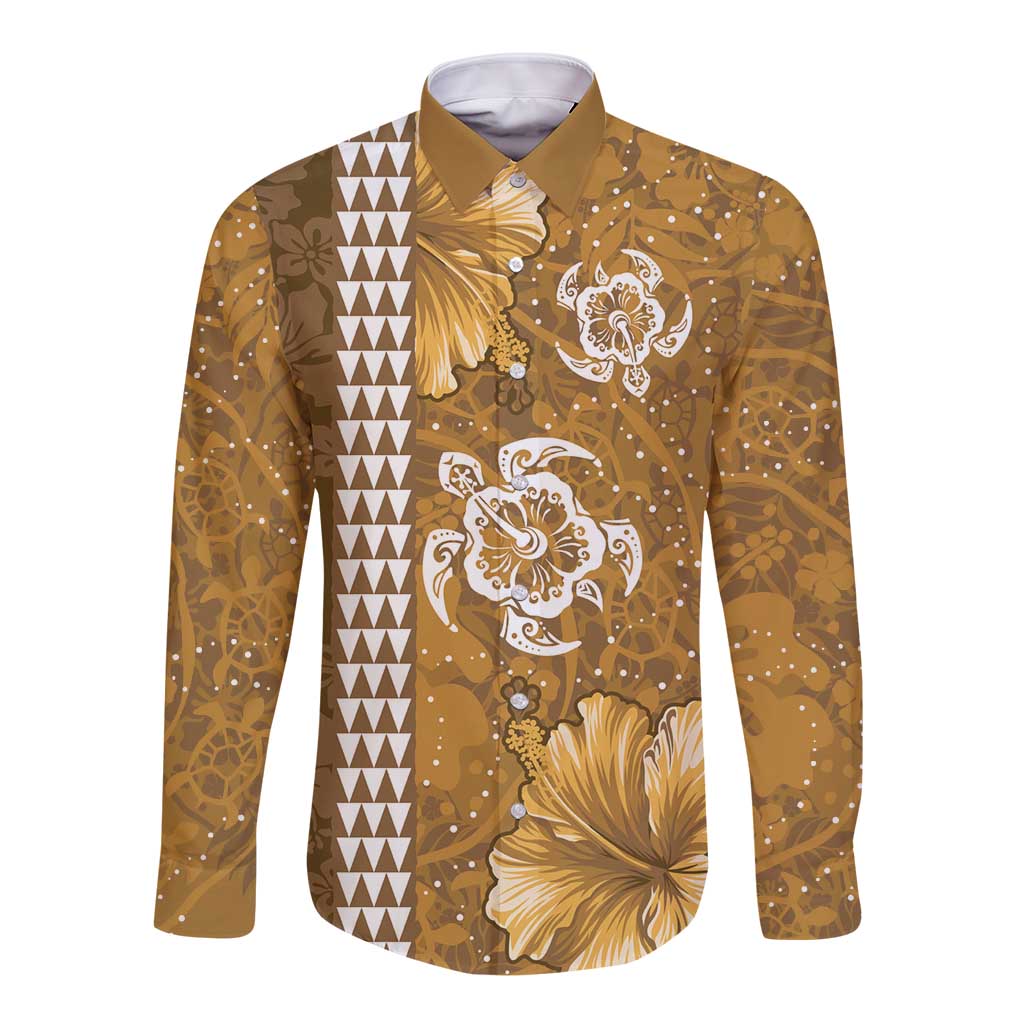 Gold Hibiscus Turle Long Sleeve Button Shirt Hawaiian Style Tribal Tapa Pattern LT9 Unisex Gold - Polynesian Pride