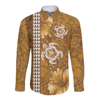 Gold Hibiscus Turle Long Sleeve Button Shirt Hawaiian Style Tribal Tapa Pattern LT9 Unisex Gold - Polynesian Pride